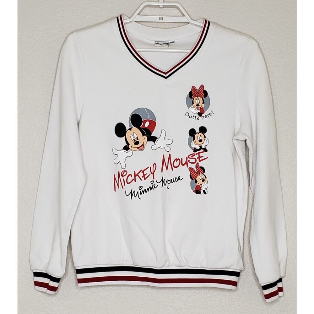 Vintage Disney White Mickey & Minnie Graphic V-Neck Sweatshirt